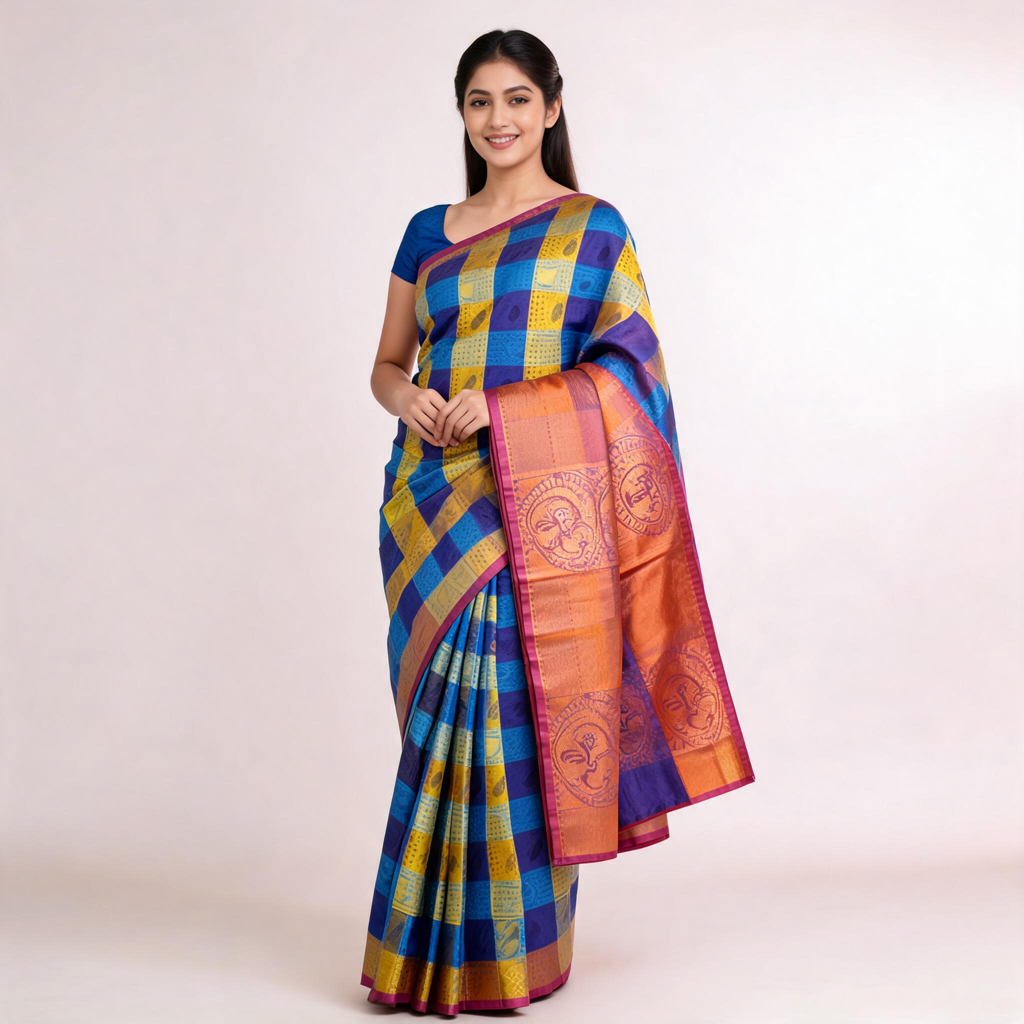 Kanchipuram silk saree in blue and yellow checks with peach-pink zari border