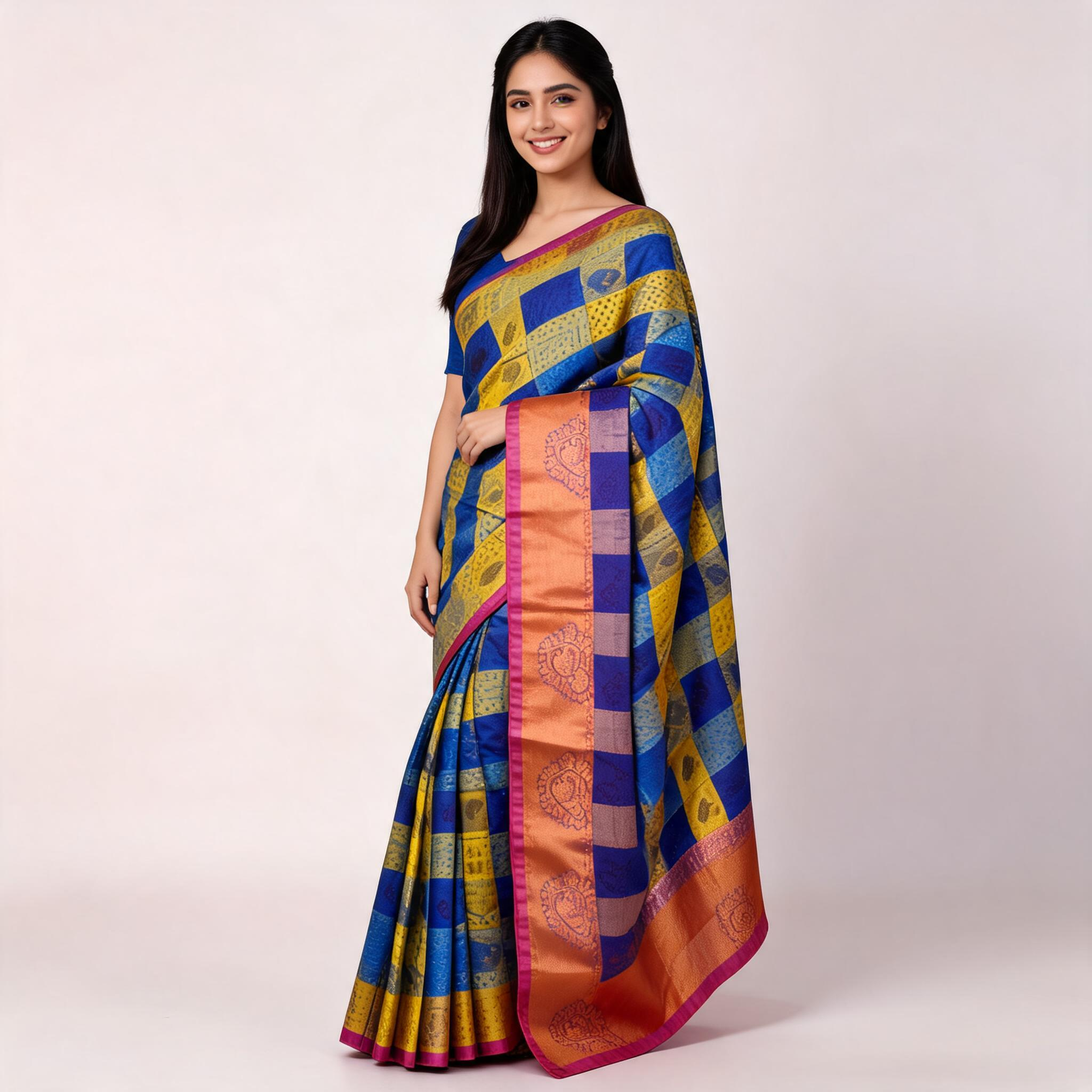 Kanchipuram silk saree drape with blue and yellow checks and peach-pink border
