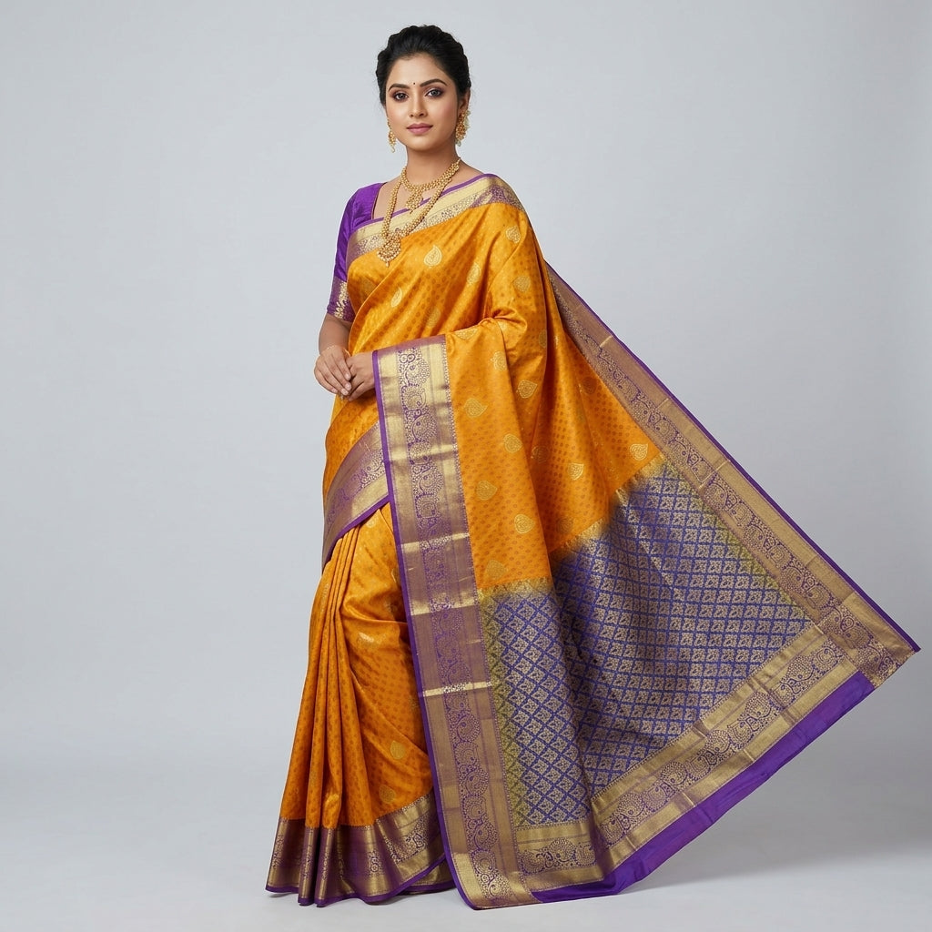 Women’s mustard silk saree with blue pallu, gold zari border, and patterned body