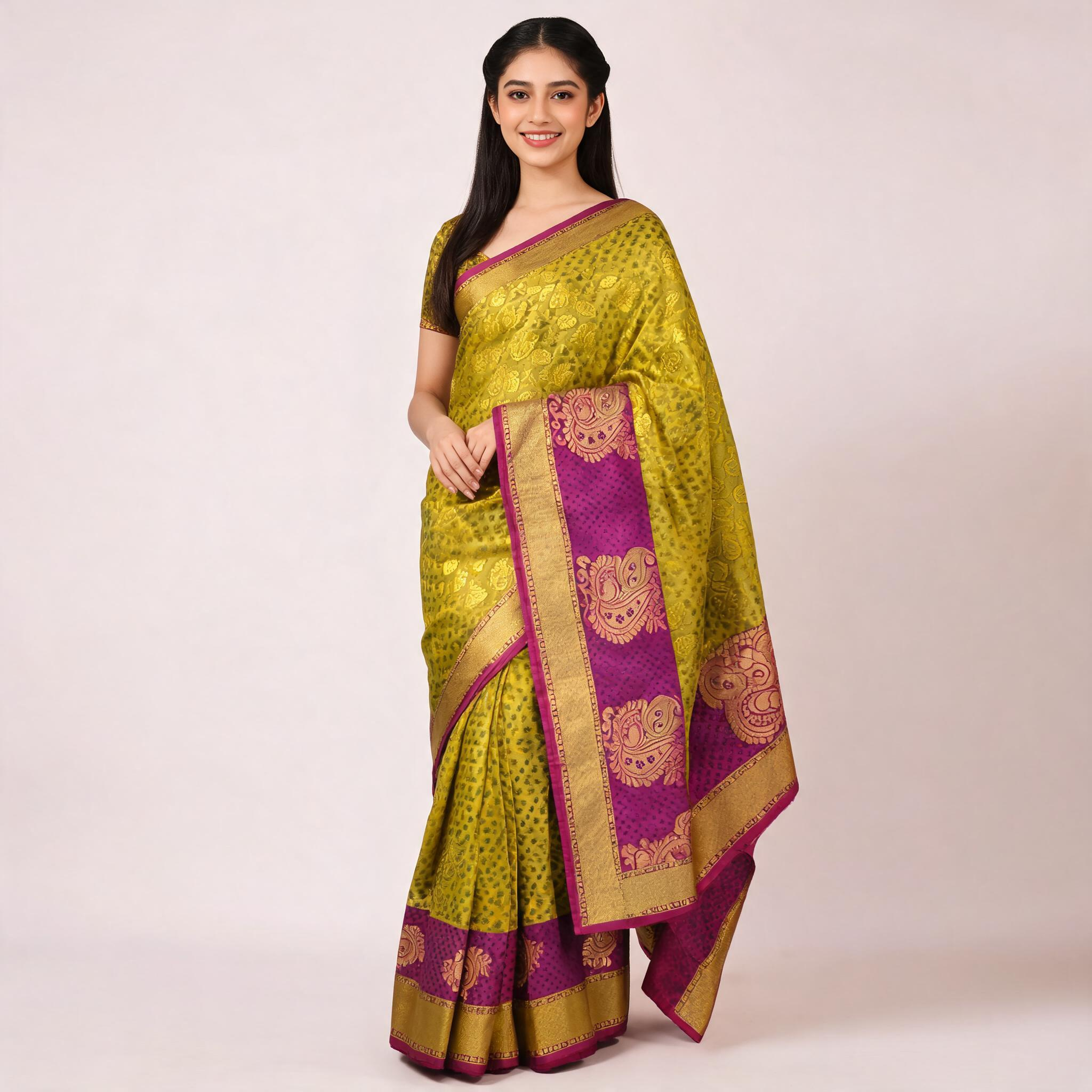 Olive and purple Kanchipuram silk saree with gold pattern and contrast border