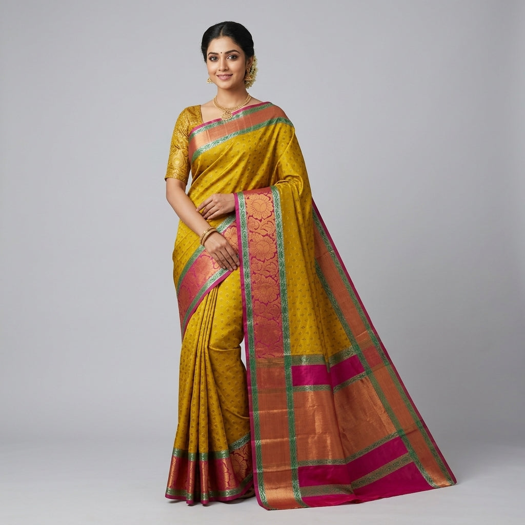 Women’s yellow Kanchipuram silk saree with pink border and green striped pallu