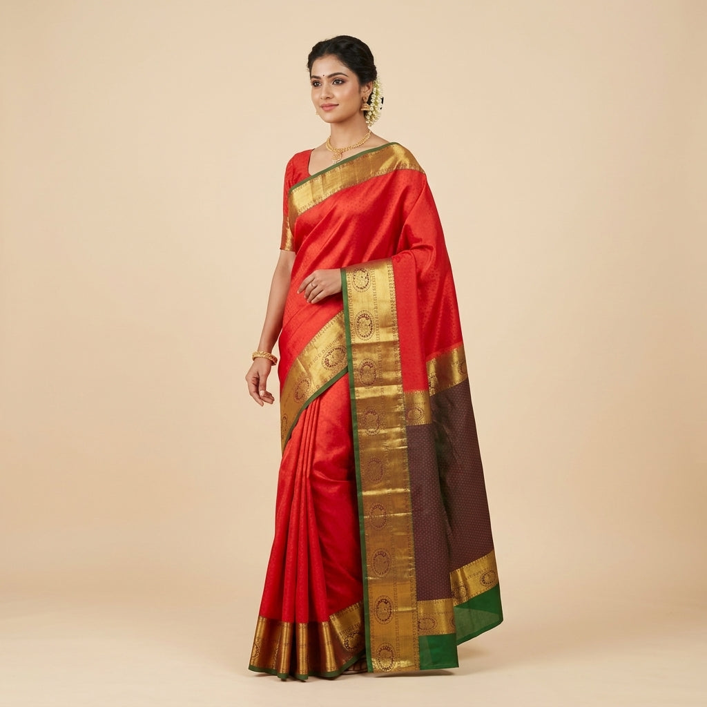 Woman wearing red silk saree with olive-green border and gold woven pallu