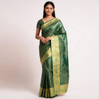 Dark green and gold Kanchipuram silk saree with geometric pattern and wide gold border