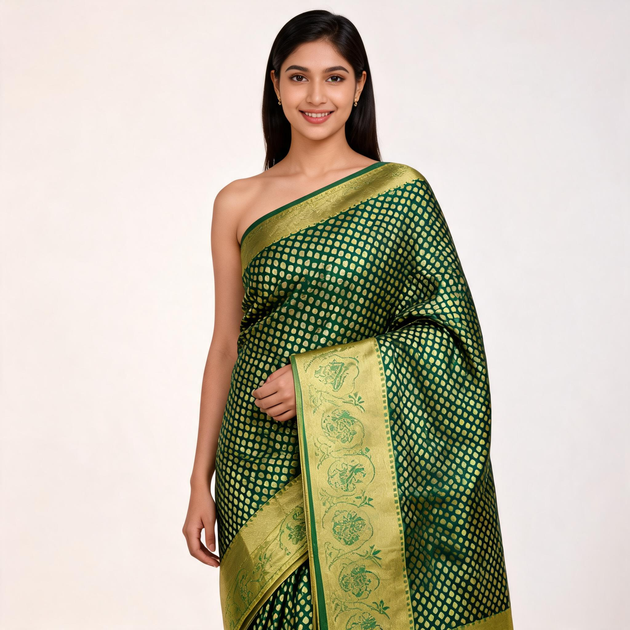 Draped dark green saree with gold border and matching blouse panel