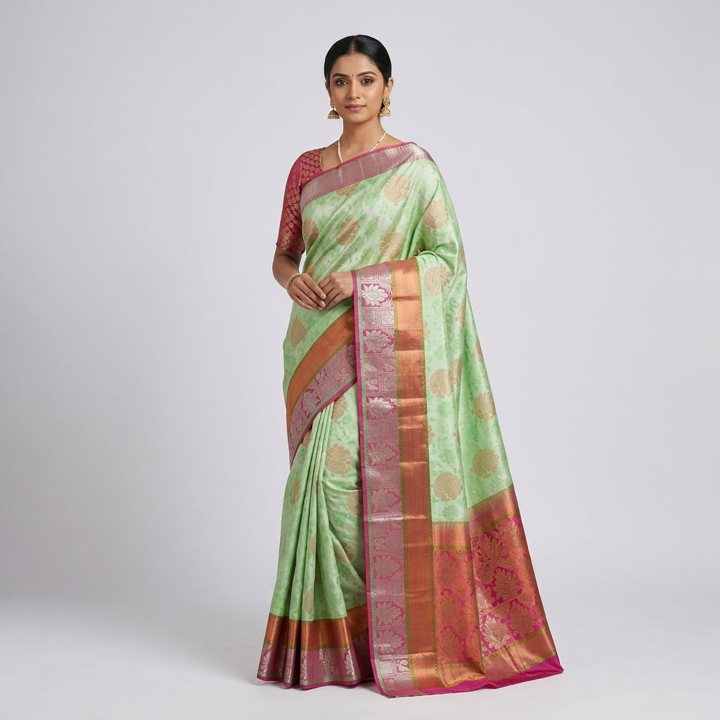 Women’s draped Kanchipuram silk saree in mint green with pink and gold border