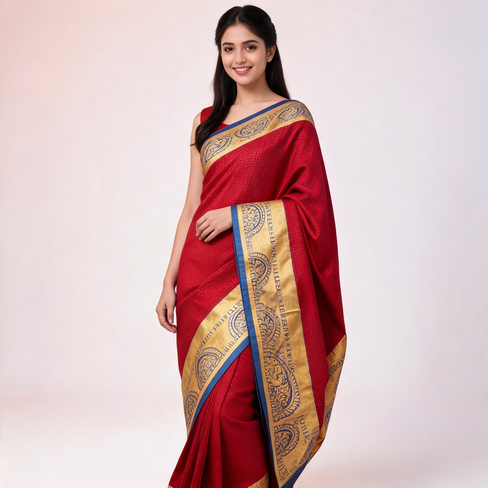 Red and blue silk saree draped on model, gold border and patterned pallu