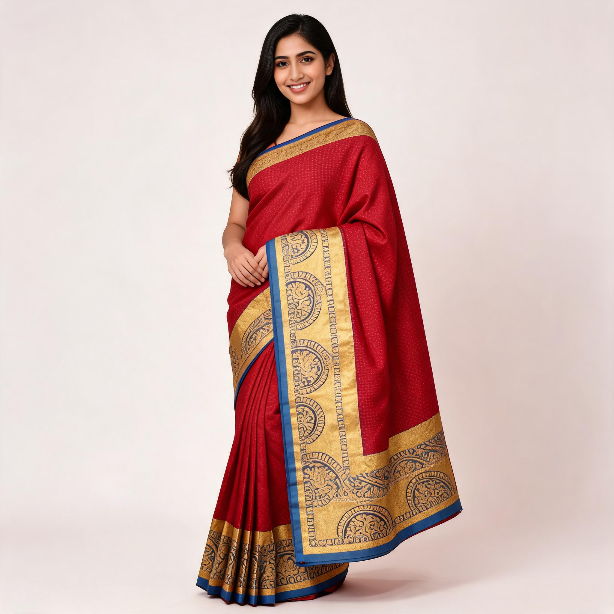 Red and blue Kanchipuram-style silk saree with gold border and patterned pallu