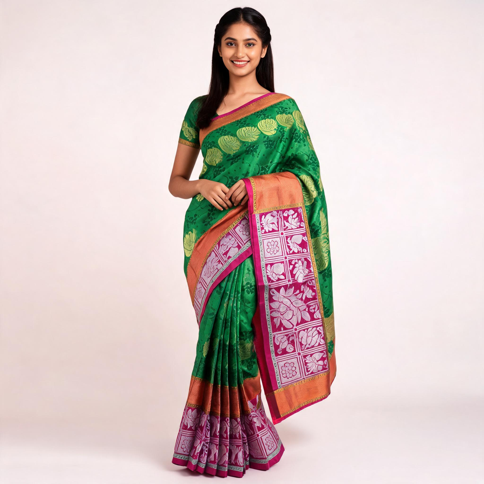 Green Kanchipuram silk saree with pink border and temple-style woven pallu