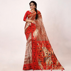 Banarasi silk saree in red and brown, zigzag border with ornate motifs