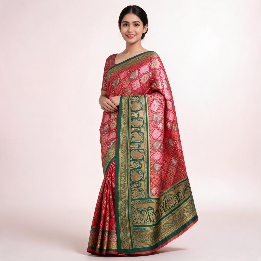 Pink and green Banaras silk saree with woven border and unstitched blouse cloth