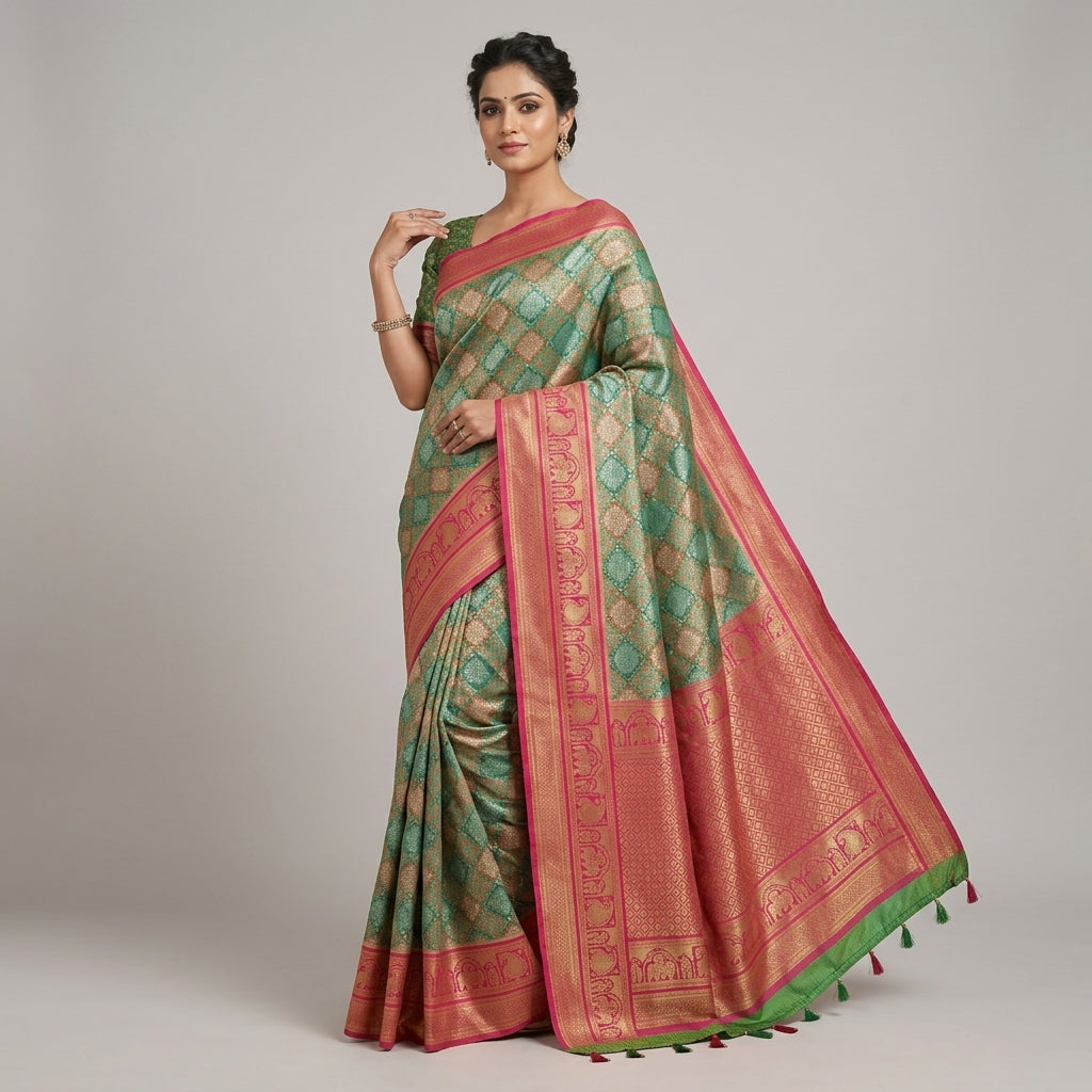 Banarasi silk saree worn by model, green body with pink border and gold motifs