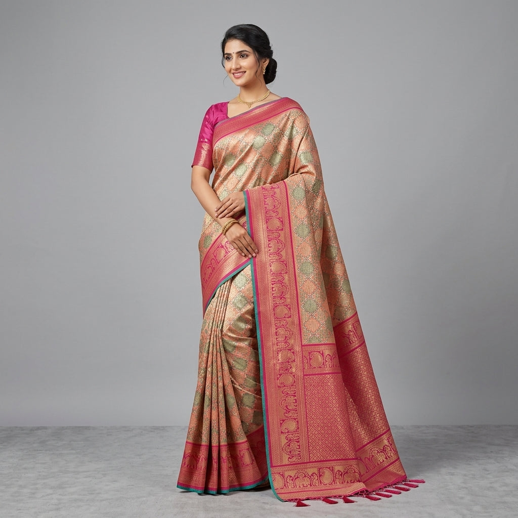 Woman wearing multicolor silk saree with teal-gold patterned body and magenta border
