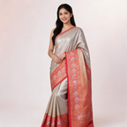 Silver and red Banarasi silk saree with red border and pallu, draped on model