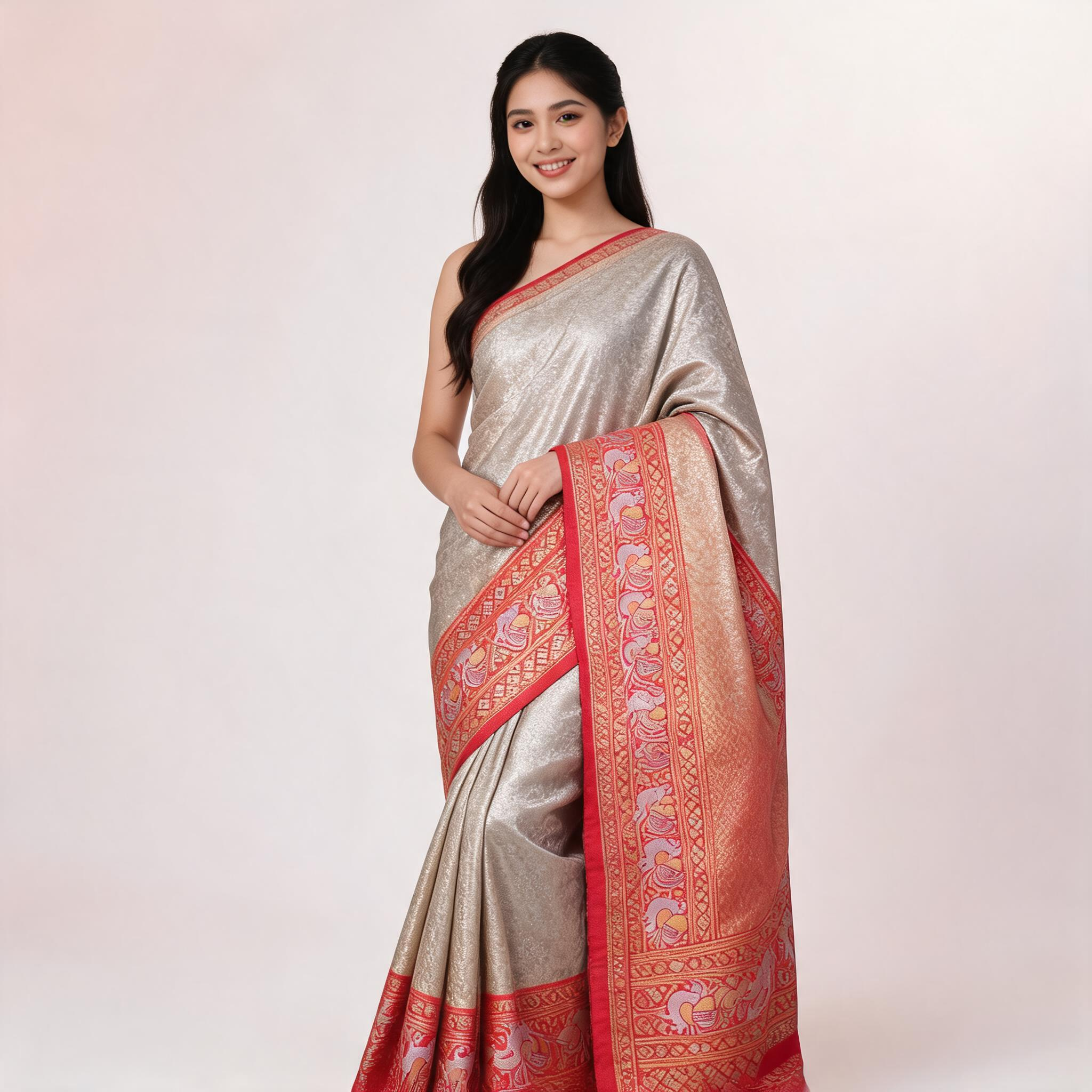 Silver and red Banarasi silk saree with red border and pallu, draped on model