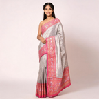 Light grey and pink Banarasi silk saree with pink border and patterned pallu