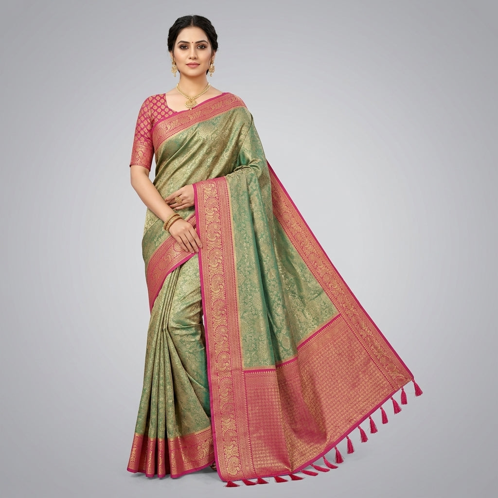 Teal green and pink Banarasi silk saree with gold-style zari motifs and border