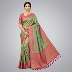 Teal green and pink Banarasi silk saree with gold-style zari motifs and border
