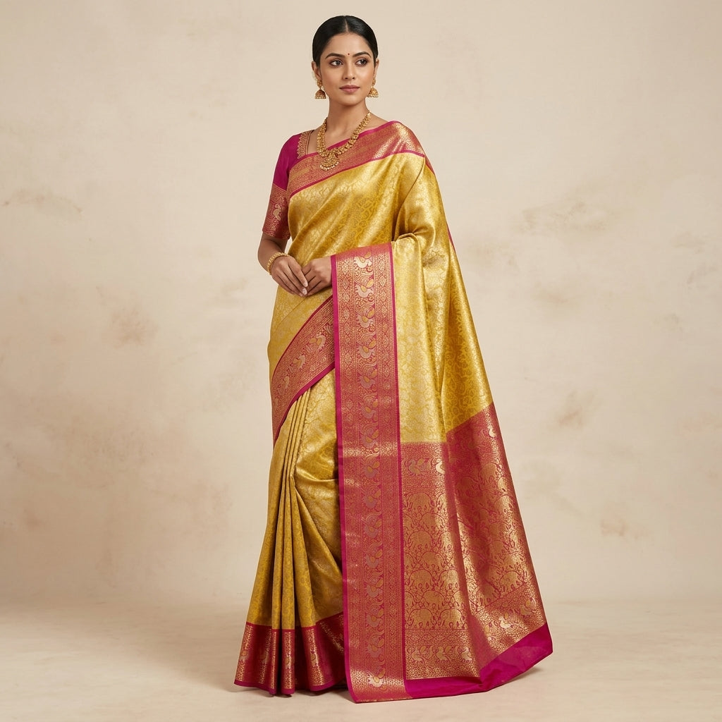 Women’s gold and pink Banarasi silk saree with pink border, draped style