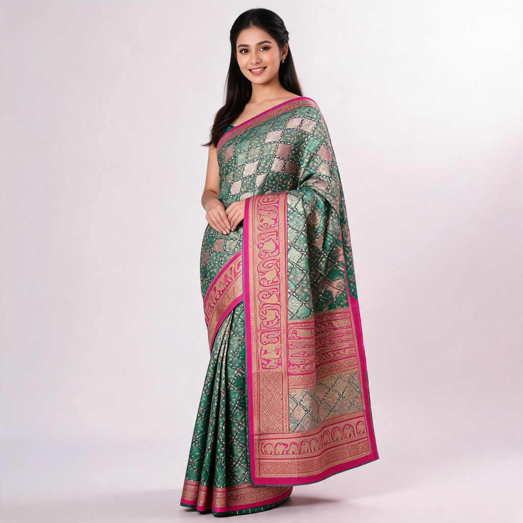 Teal green and pink Banarasi silk saree with wide pink border and woven motifs