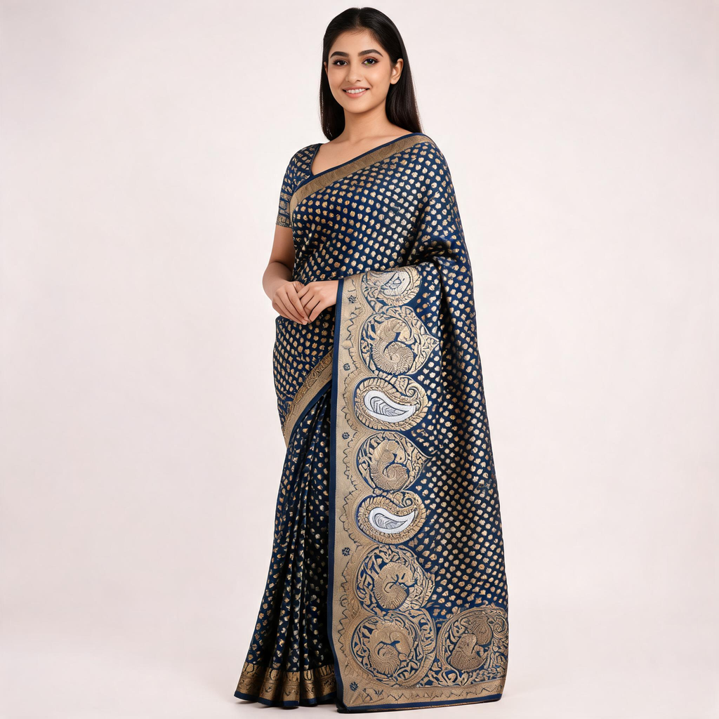 Navy blue Banarasi silk saree with all-over gold motifs and ornate silver-gold border
