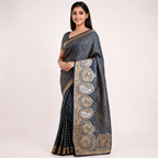 Navy blue Banarasi silk saree with all-over gold motifs and ornate silver-gold border