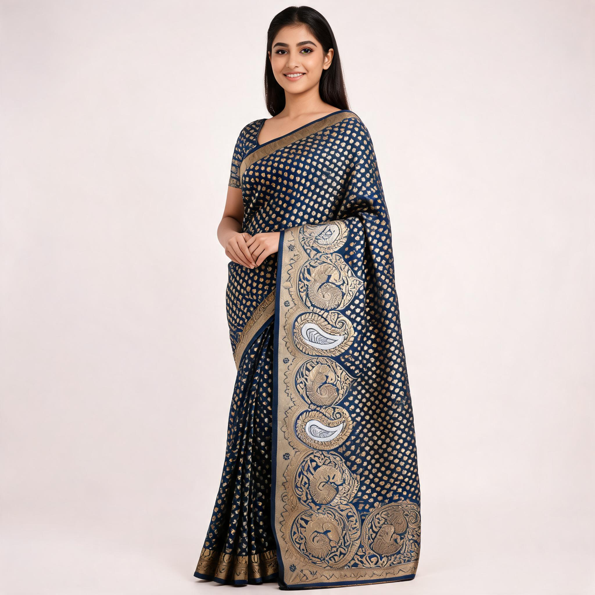 Navy blue Banarasi silk saree with all-over gold motifs and ornate silver-gold border