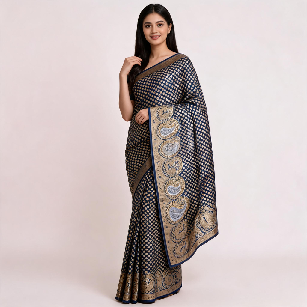 Navy blue Banarasi silk saree with gold dot pattern and ornate cream-gold pallu