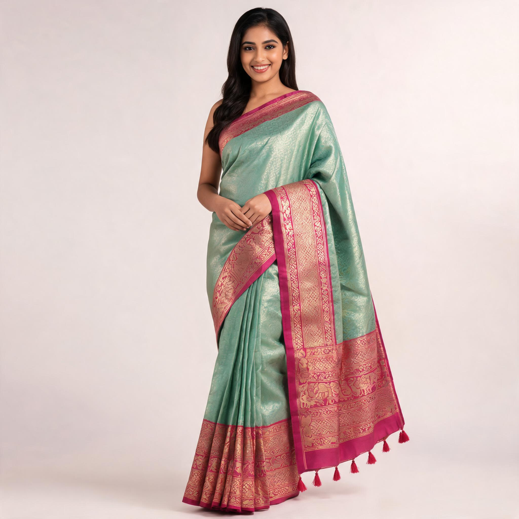 Mint green silk saree with pink border and zari-style motifs, unstitched blouse