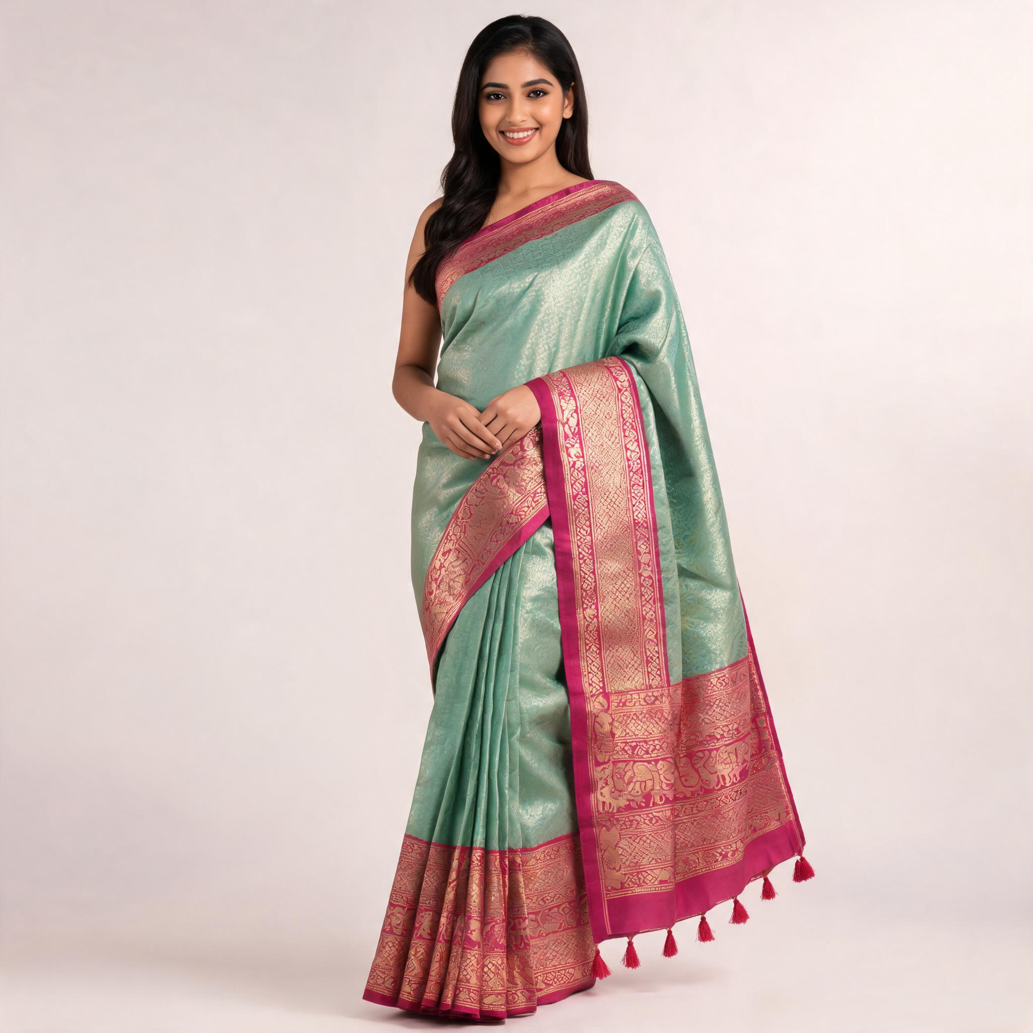 Mint green silk saree with pink border and zari-style motifs, unstitched blouse