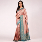 Peach silk saree with aqua blue border and woven gold motifs, draped on model