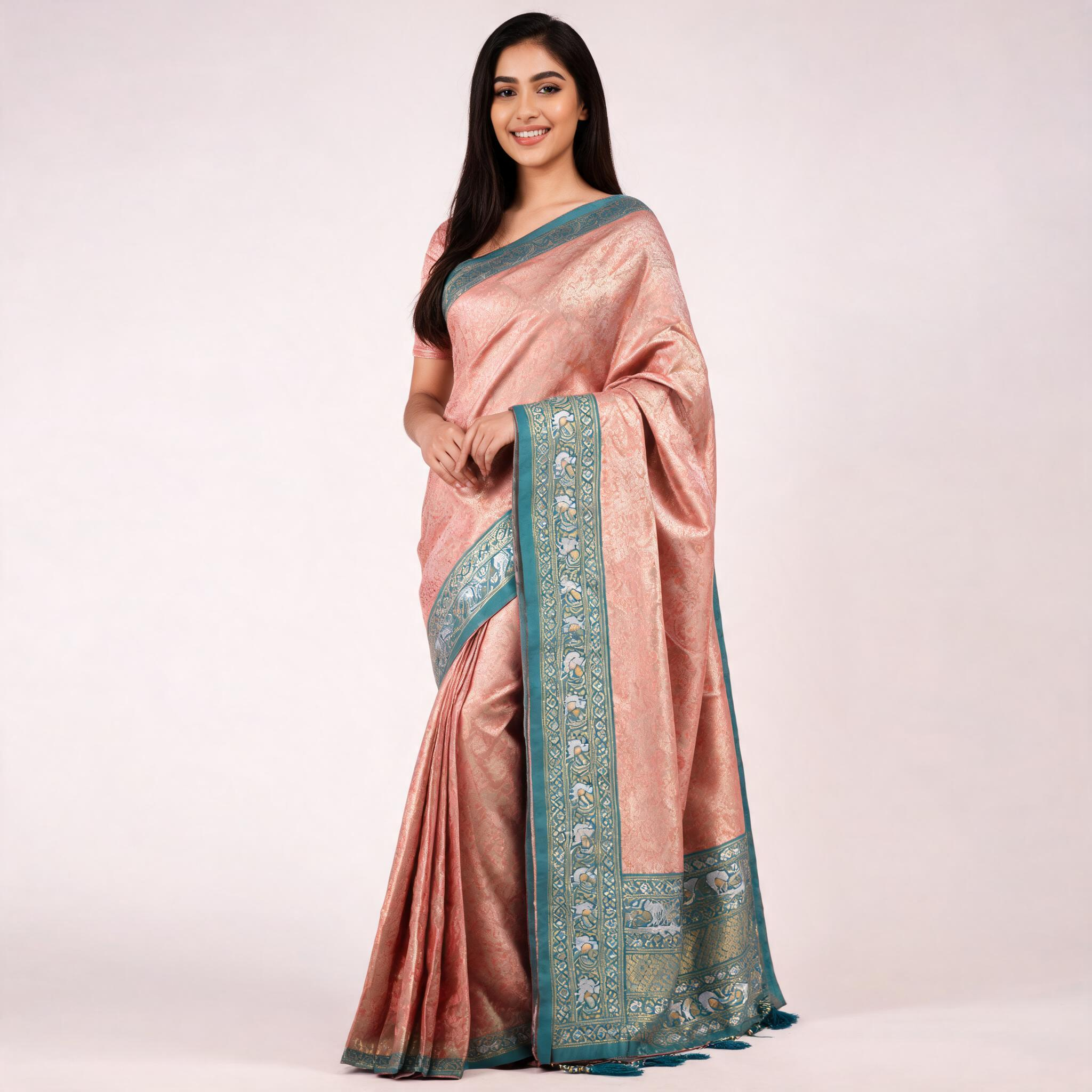 Peach silk saree with aqua blue border and woven gold motifs, draped on model