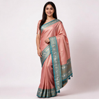 Peach silk saree with aqua blue border and gold woven motifs, side drape on model