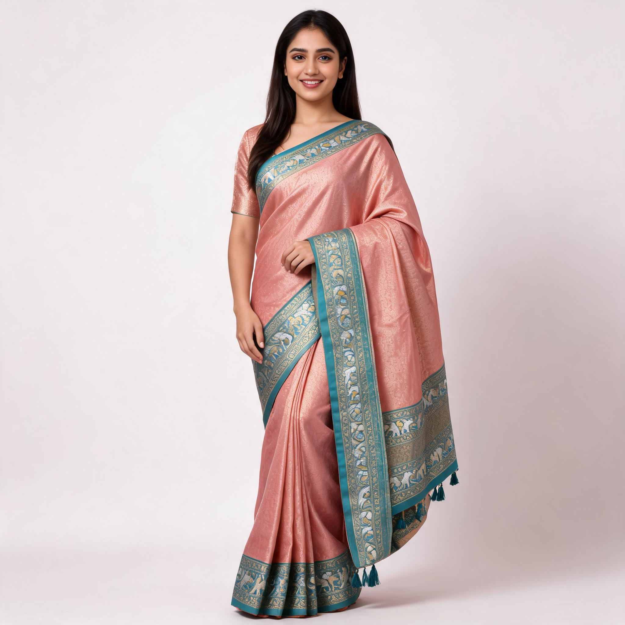 Peach silk saree with aqua blue border and gold woven motifs, side drape on model