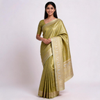 Olive green silk saree with cream-gold zari border and patterned pallu drape