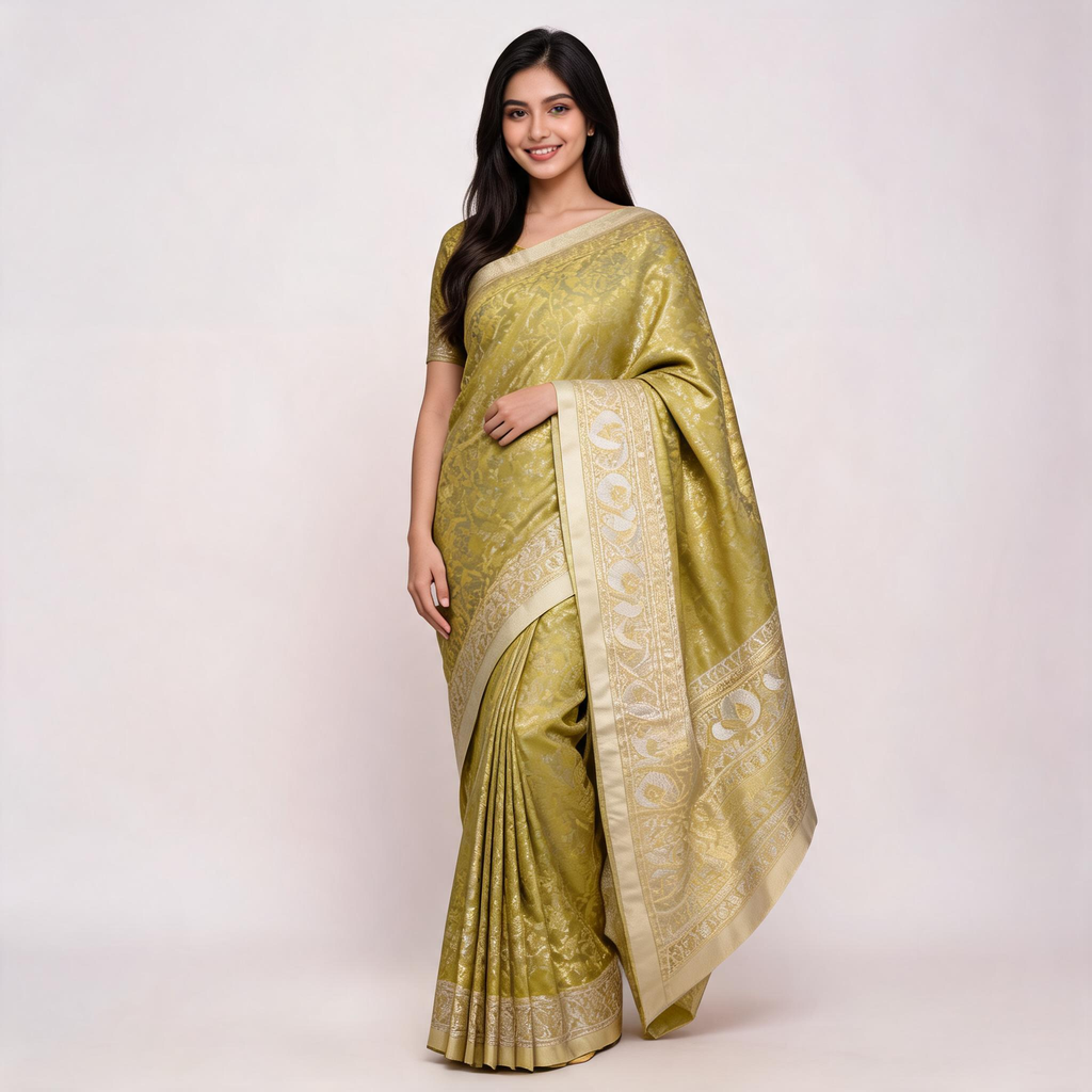 Olive green silk saree with cream-gold pallu border and traditional drape on model