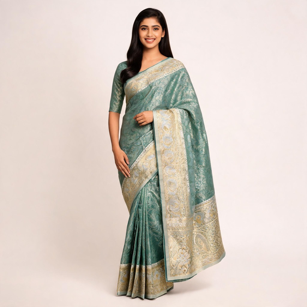 Sea green Banarasi silk saree with beige border and woven motifs, unstitched blouse