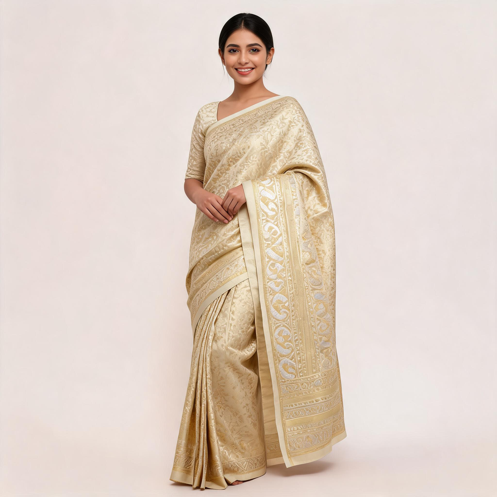 Cream and gold Banarasi silk saree draped with wide zari border and unstitched blouse