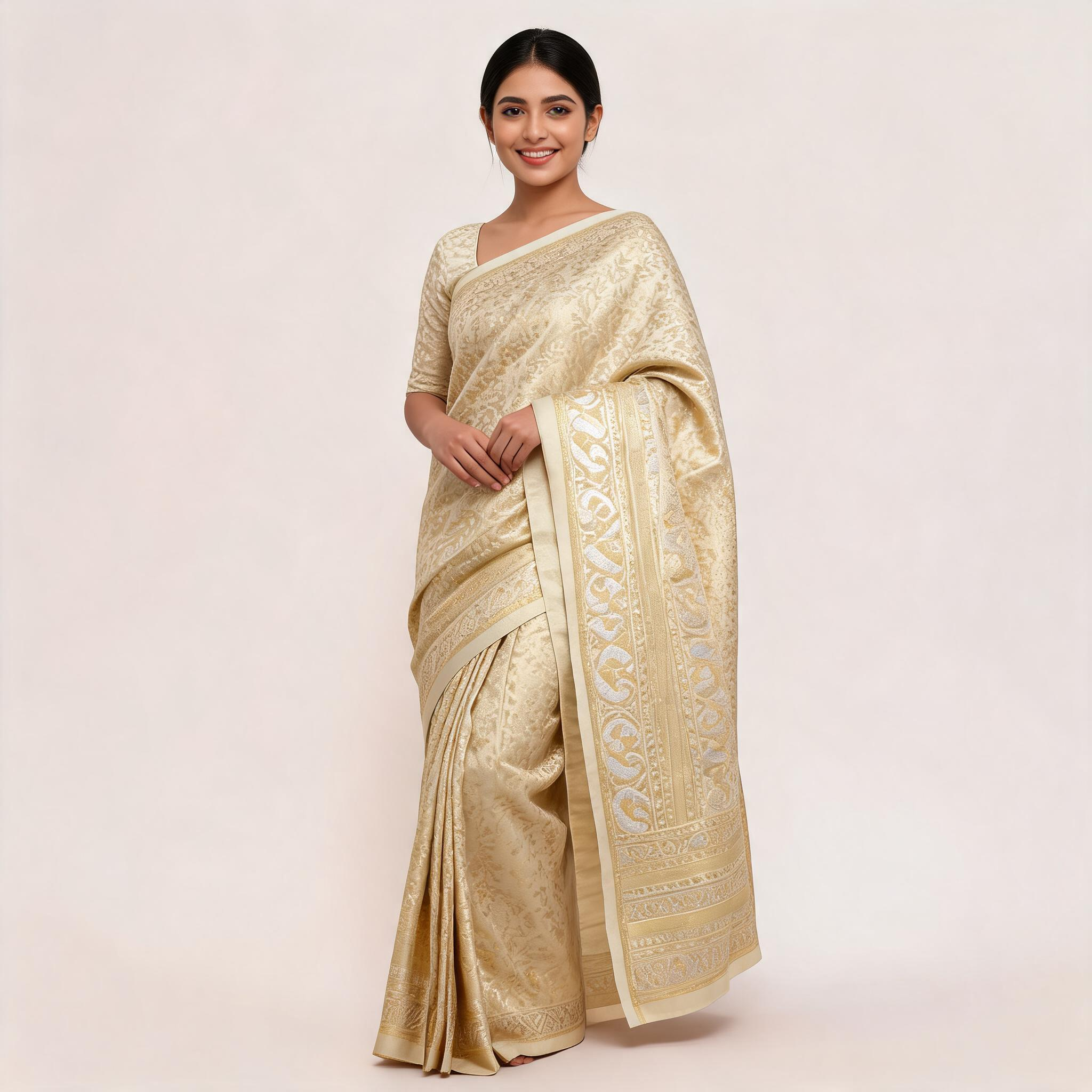 Cream and gold Banarasi silk saree draped with wide zari border and unstitched blouse