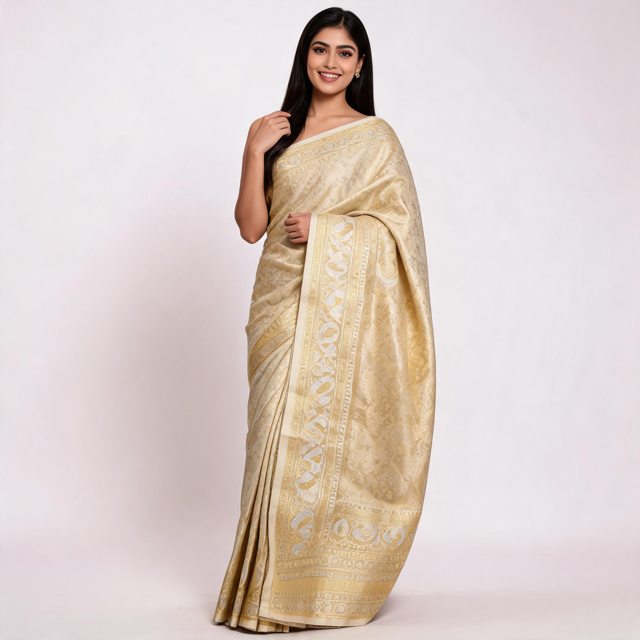 Cream and gold Banarasi silk saree with woven border and unstitched blouse