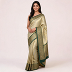 Banarasi silk saree in olive green and beige with woven border and pallu detail