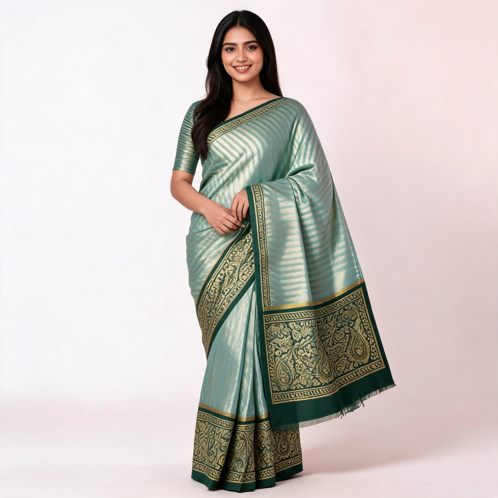 Teal and olive green Banarasi silk saree with ornate gold border and patterned pallu