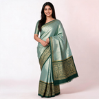 Teal and olive green Banarasi silk saree with ornate gold border and patterned pallu