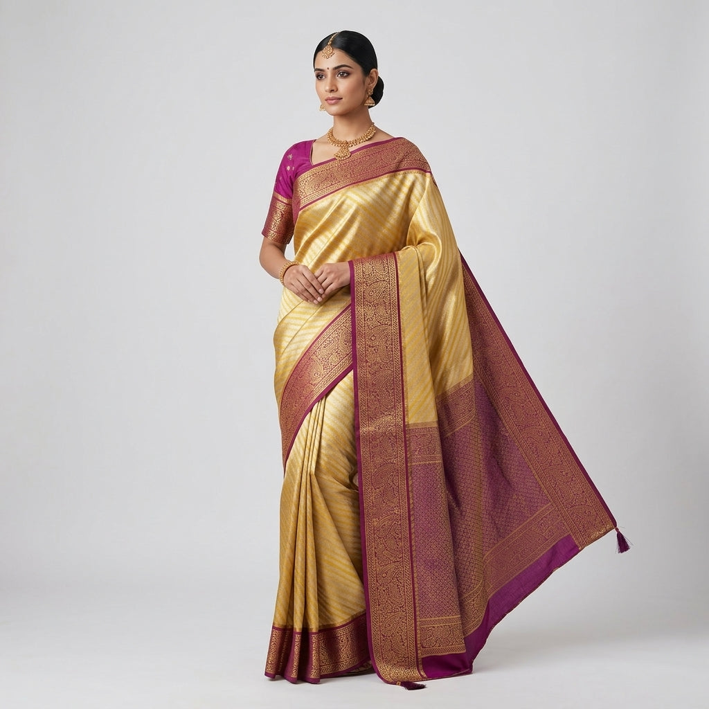 Banarasi silk saree on model, gold drape with maroon pallu and short-sleeve blouse