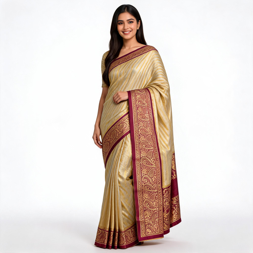 Banarasi silk saree in gold-beige with maroon border and patterned pallu