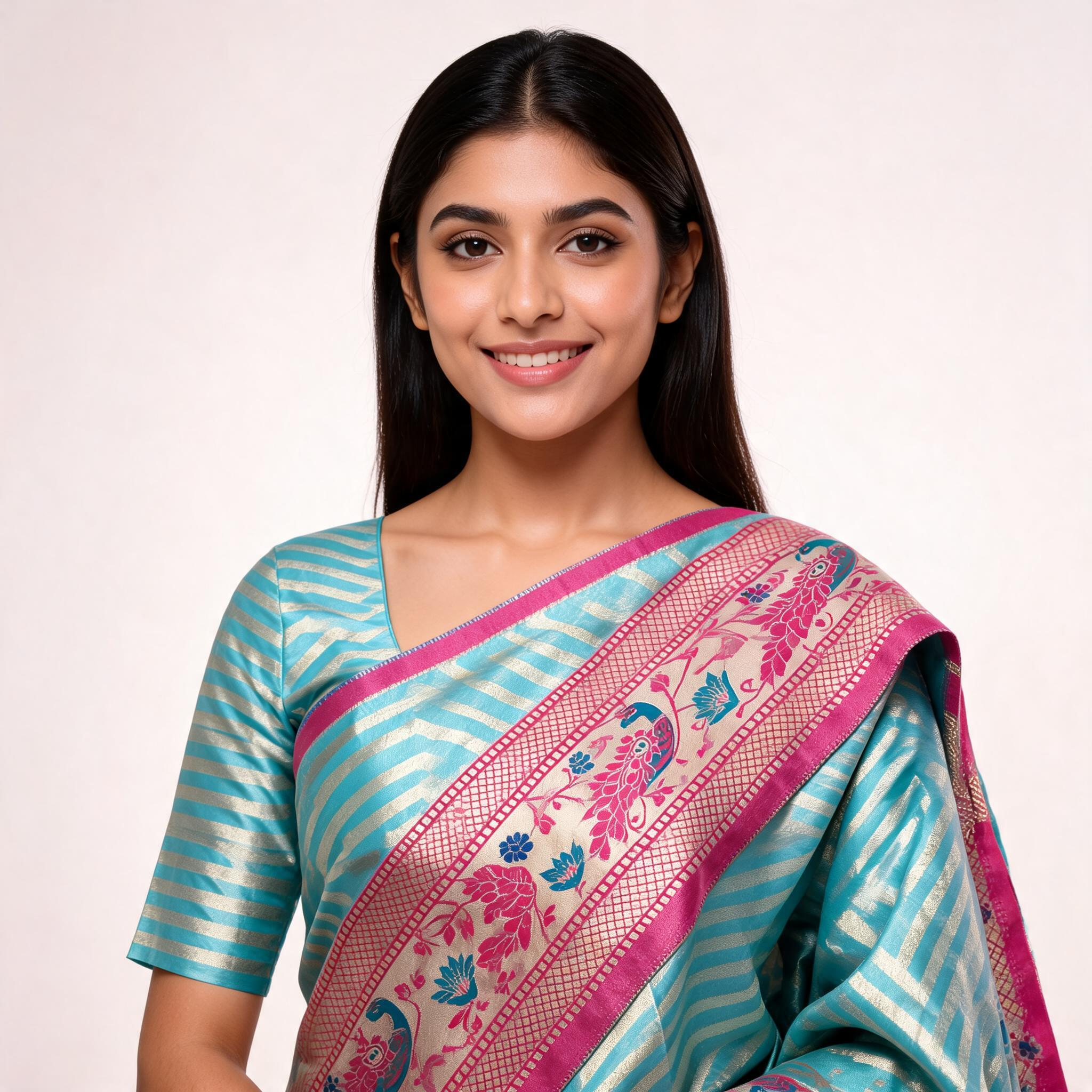 Teal striped Banarasi silk saree draped over shoulder with wide pink embroidered border