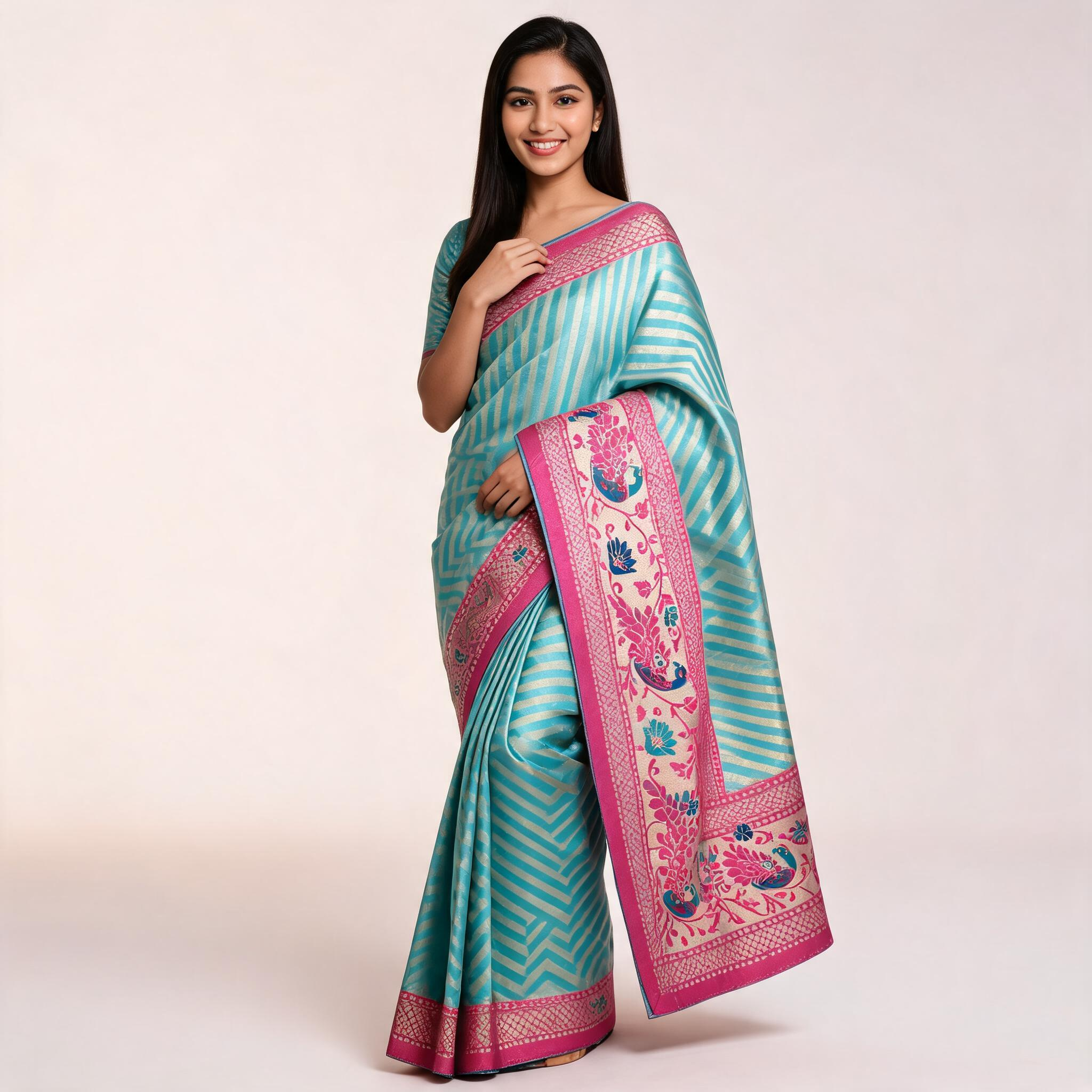 Blue and pink Banarasi silk saree with teal striped body and wide pink border