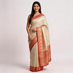 Cream and red Banarasi silk saree with chevron weave pattern and wide red border