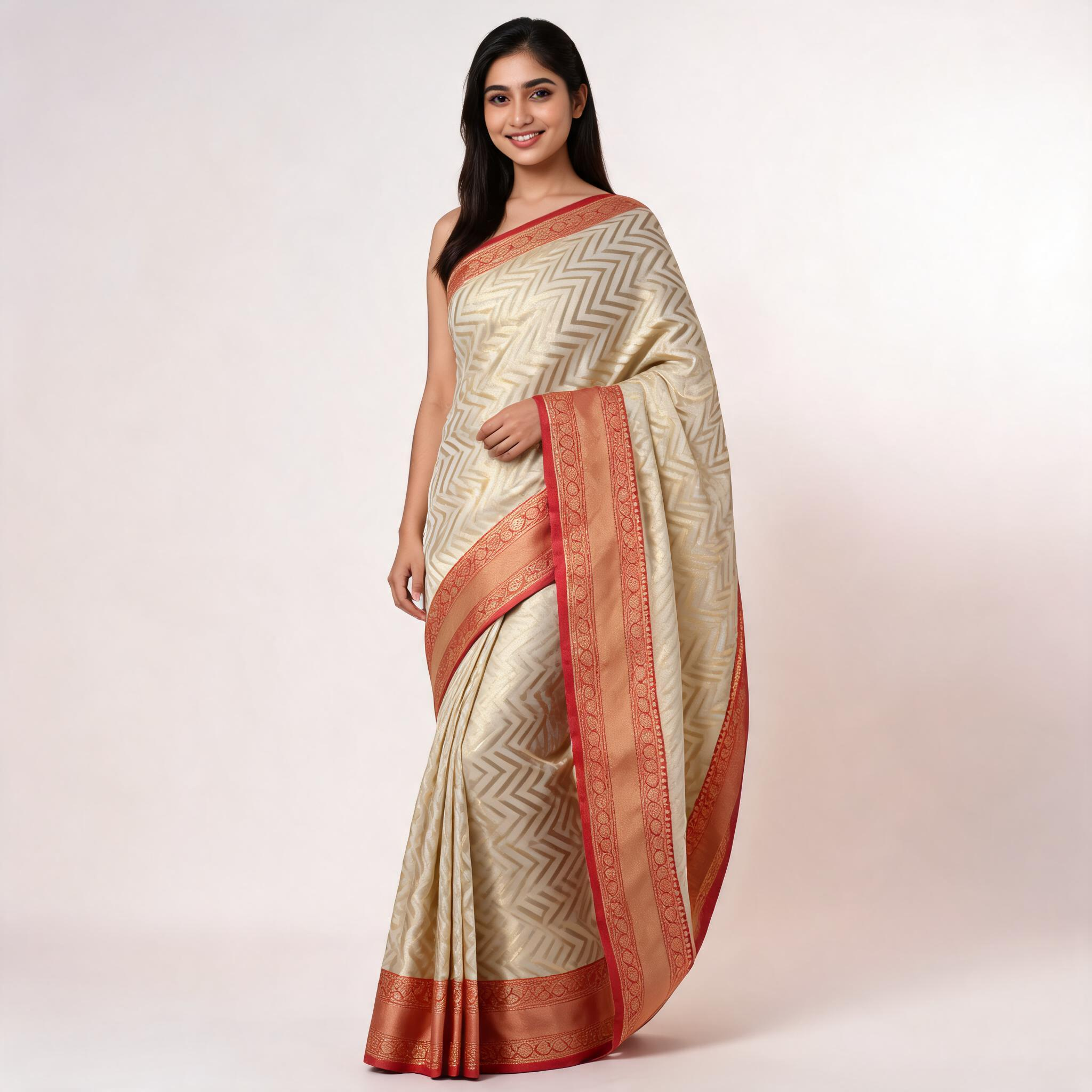 Cream and red Banarasi silk saree with chevron weave and wide red border on model