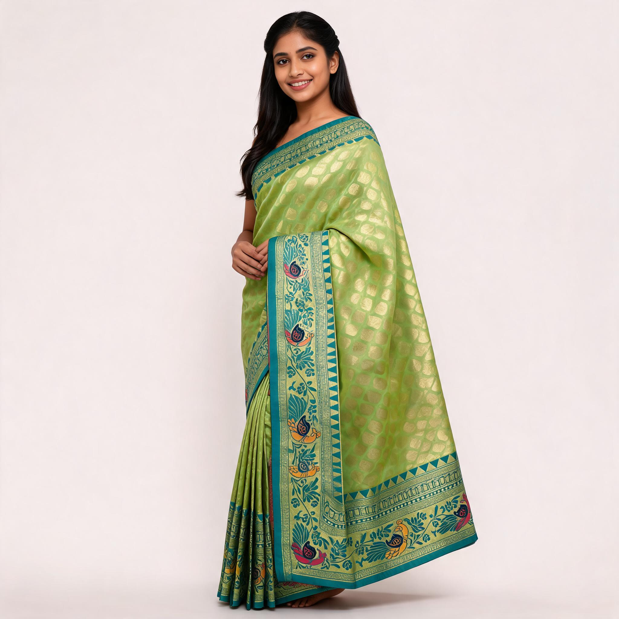 Light green silk saree with blue pallu panel and peacock border