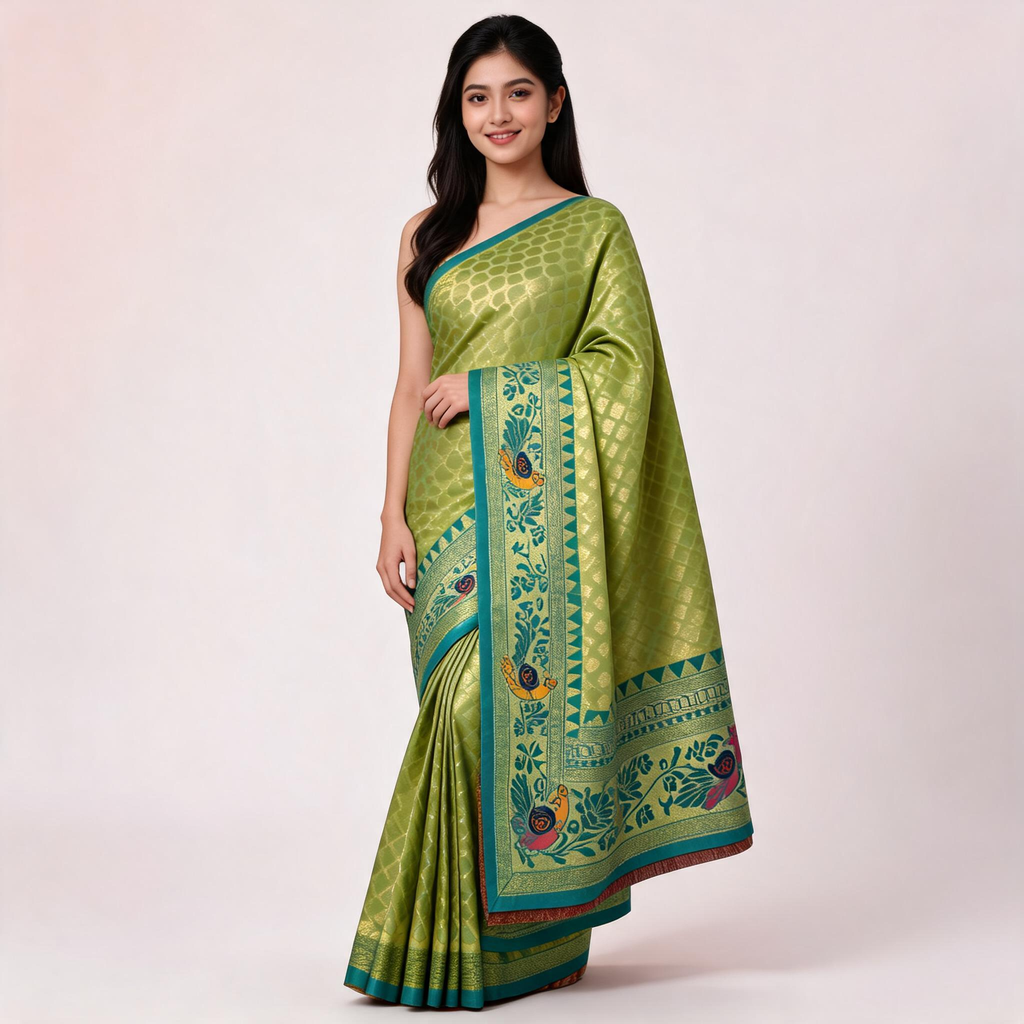 Light green silk saree with blue border and peacock motifs